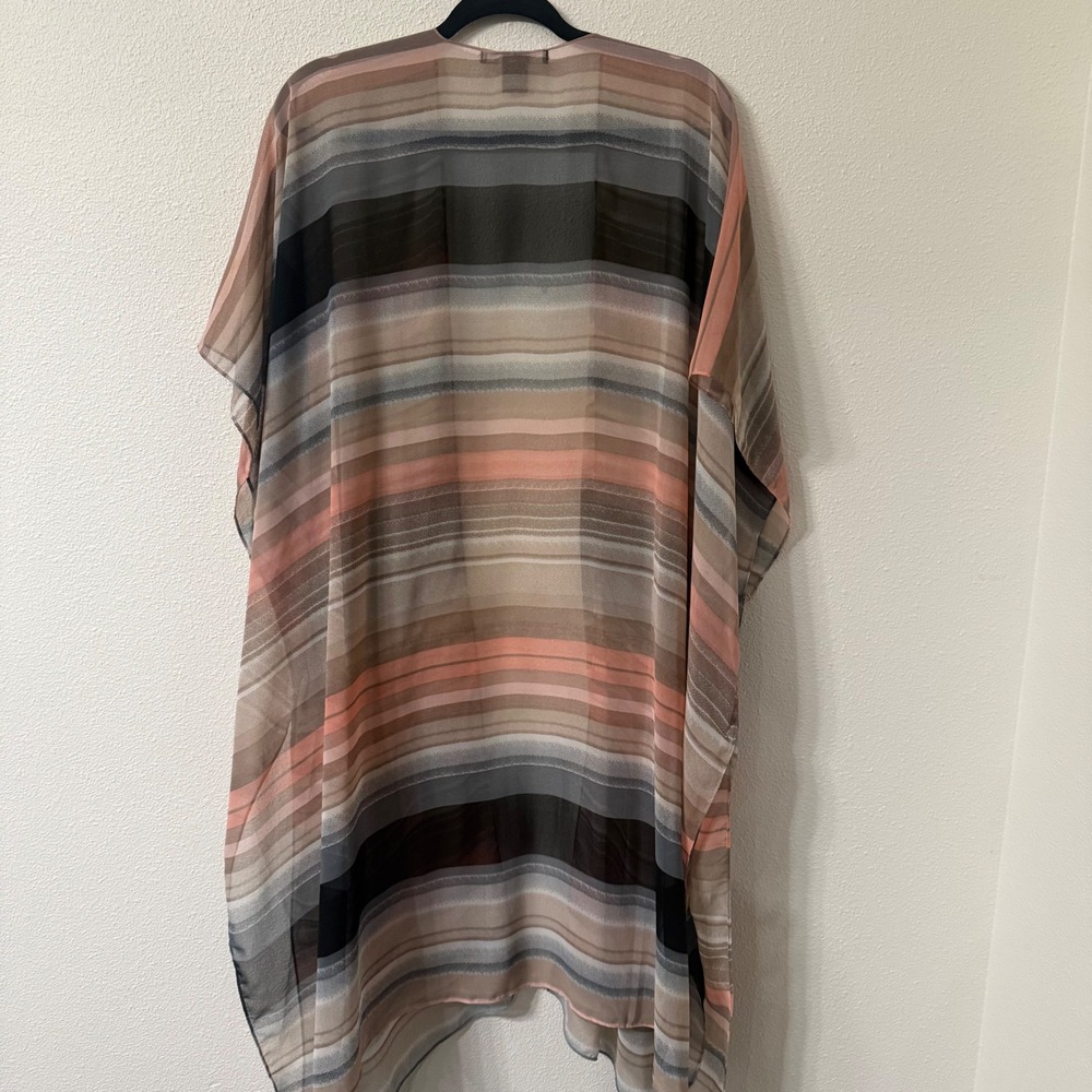 Cejon Womens Sheer Striped Kimono Wrap Open Front Beach Coverup OSFM Coral Grey - Picture 2 of 5